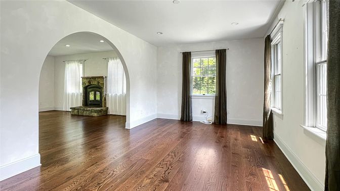 Empty room, Fireplace, Interior, Recessed Lighting, Wood Texture Flooring