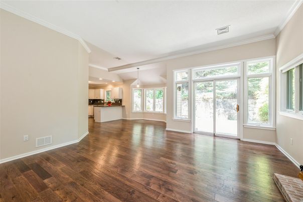 Empty room, Interior, Kitchen, Pendant Lights, Recessed Lighting, Wood Texture Flooring