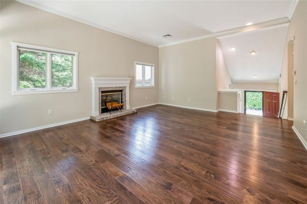 Empty room, Fireplace, Interior, Recessed Lighting, Wood Texture Flooring