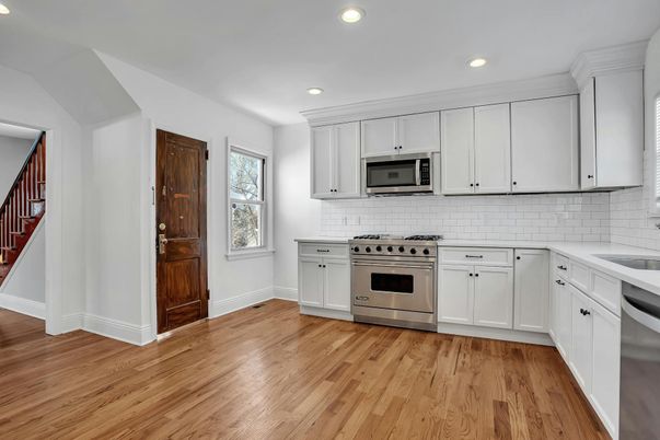 Interior, Kitchen, Recessed Lighting, Stainless Steel Appliances, Wood Texture Flooring
