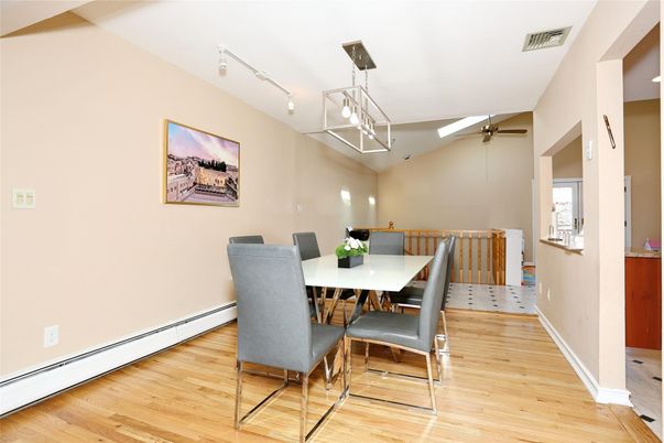 Dining room, Interior, Pendant Lights, Wood Texture Flooring