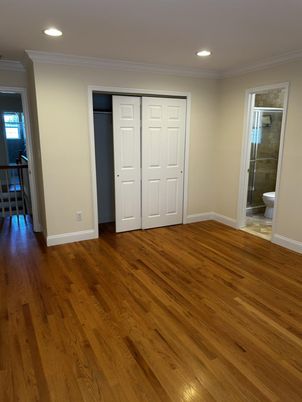 Bathroom, Empty room, Glass Shower, Interior, Recessed Lighting, Wood Texture Flooring