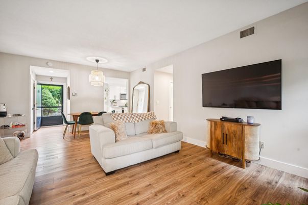 Dining room, Interior, Living room, Pendant Lights, Wood Texture Flooring