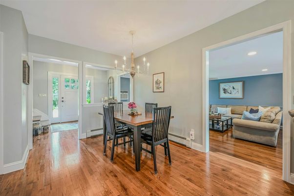 Dining room, Interior, Pendant Lights, Recessed Lighting, Wood Texture Flooring