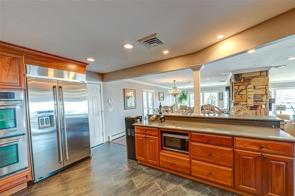 Chandelier, Interior, Kitchen, Recessed Lighting, Stainless Steel Appliances, Wood Texture Flooring