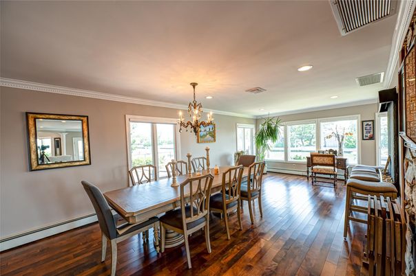 Chandelier, Dining room, Interior, Recessed Lighting, Wood Texture Flooring