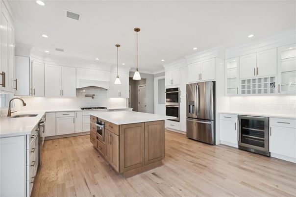 Interior, Kitchen, Pendant Lights, Recessed Lighting, Stainless Steel Appliances, Wood Texture Flooring