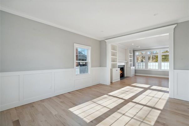 Empty room, Fireplace, Interior, Recessed Lighting, Wood Texture Flooring