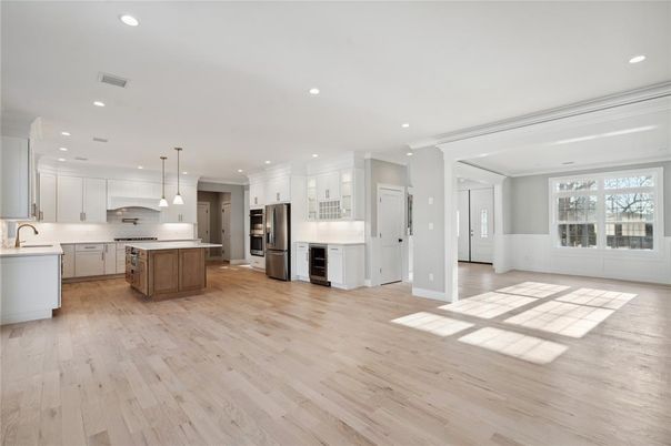 Interior, Kitchen, Pendant Lights, Recessed Lighting, Stainless Steel Appliances, Wood Texture Flooring