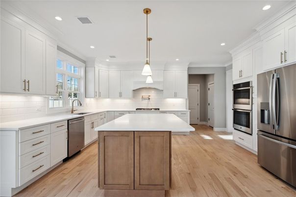Interior, Kitchen, Pendant Lights, Recessed Lighting, Stainless Steel Appliances, Wood Texture Flooring