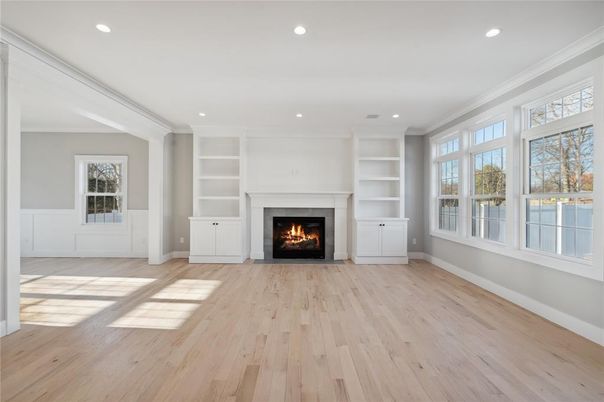 Empty room, Fireplace, Interior, Recessed Lighting, Wood Texture Flooring