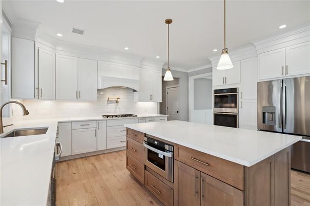 Interior, Kitchen, Pendant Lights, Recessed Lighting, Stainless Steel Appliances, Wood Texture Flooring