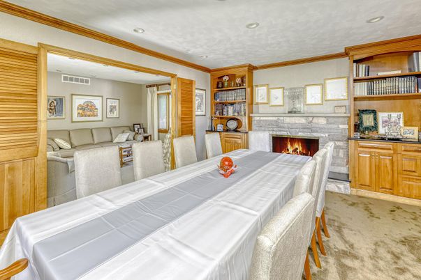 Dining room, Fireplace, Interior, Living room, Recessed Lighting