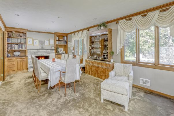 Dining room, Fireplace, Interior, Recessed Lighting