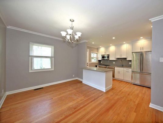 Chandelier, Interior, Kitchen, Recessed Lighting, Stainless Steel Appliances, Wood Texture Flooring