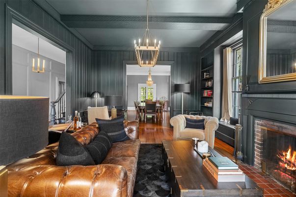 Dining room, Fireplace, Interior, Living room, Pendant Lights, Wood Texture Flooring