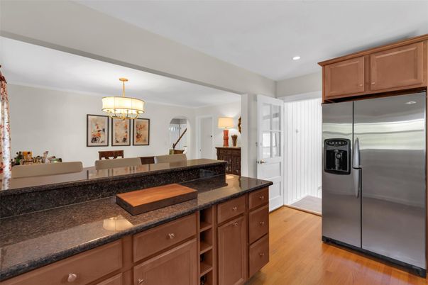 Chandelier, Interior, Kitchen, Recessed Lighting, Stainless Steel Appliances, Wood Texture Flooring