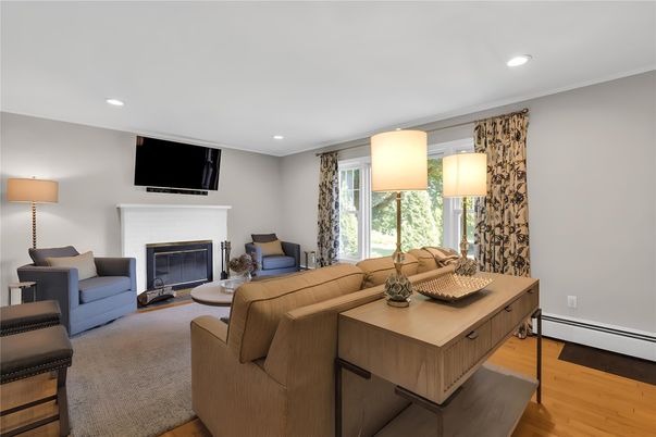 Fireplace, Interior, Living room, Recessed Lighting, Wood Texture Flooring