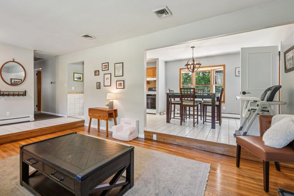 Dining room, Interior, Pendant Lights, Wood Texture Flooring