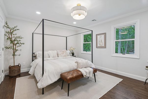 Bedroom, Interior, Pendant Lights, Recessed Lighting, Wood Texture Flooring