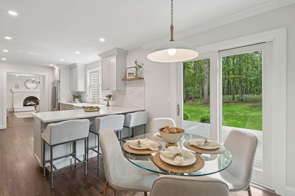 Dining room, Fireplace, Interior, Kitchen, Pendant Lights, Recessed Lighting, Wood Texture Flooring