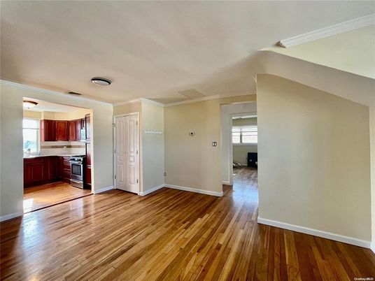 Empty room, Interior, Kitchen, Stainless Steel Appliances, Wood Texture Flooring