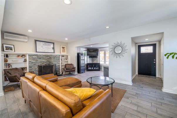 Fireplace, Interior, Living room, Recessed Lighting, Wood Texture Flooring