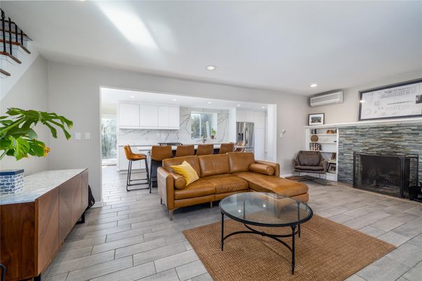 Dining room, Fireplace, Interior, Kitchen, Living room, Recessed Lighting, Wood Texture Flooring