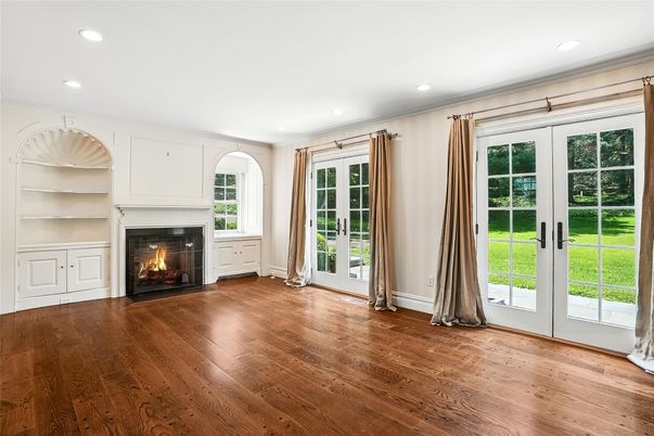Empty room, Fireplace, Interior, Recessed Lighting, Wood Texture Flooring