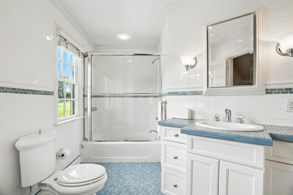Bathroom, Glass Shower, Interior, Recessed Lighting, Tile Countertops