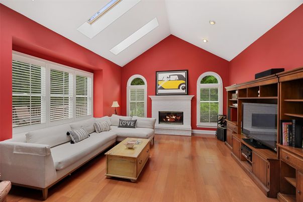 Fireplace, Interior, Living room, Recessed Lighting, Wood Texture Flooring