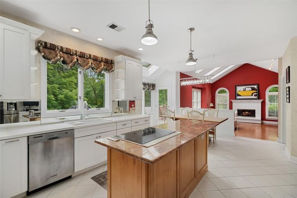 Dining room, Fireplace, Interior, Kitchen, Pendant Lights, Recessed Lighting