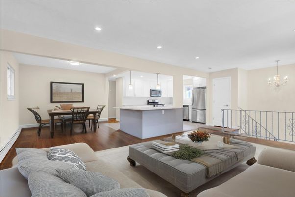 Chandelier, Dining room, Interior, Kitchen, Living room, Pendant Lights, Recessed Lighting, Stainless Steel Appliances, Wood Texture Flooring