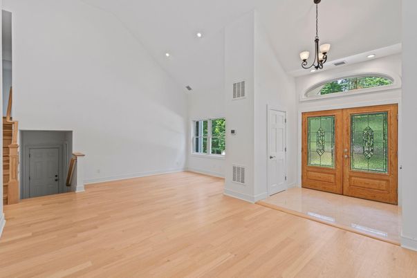 Empty room, Interior, Pendant Lights, Recessed Lighting, Wood Texture Flooring