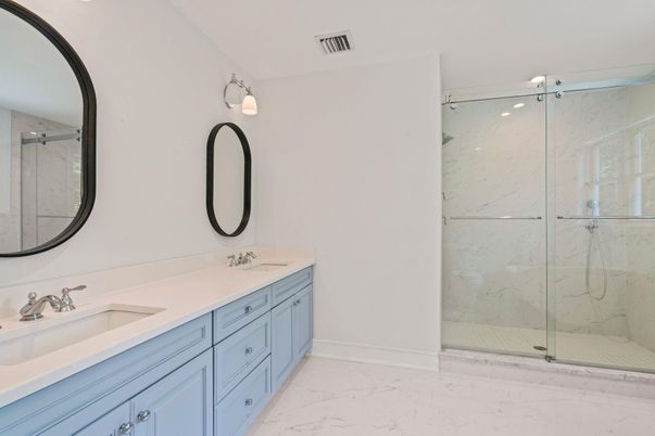 Bathroom, Dual Sink Vanities, Glass Shower, Interior, Marble, Marble Walls