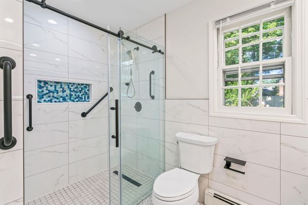 Bathroom, Glass Shower, Interior, Marble Walls, Recessed Lighting