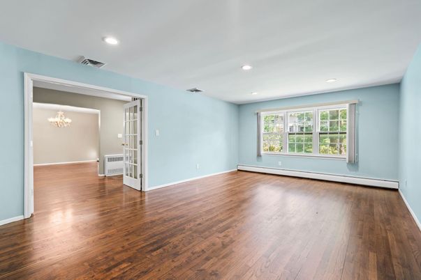 Chandelier, Empty room, Interior, Recessed Lighting, Wood Texture Flooring