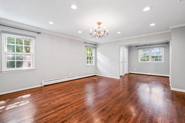 Chandelier, Empty room, Interior, Recessed Lighting, Wood Texture Flooring