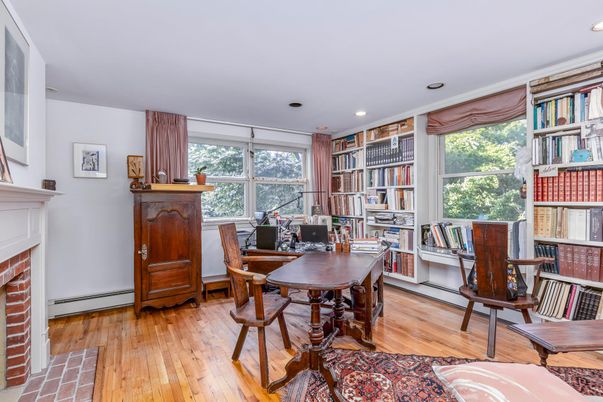 Fireplace, Home Office, Interior, Recessed Lighting, Wood Texture Flooring
