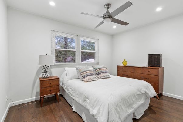 Bedroom, Interior, Recessed Lighting, Wood Texture Flooring