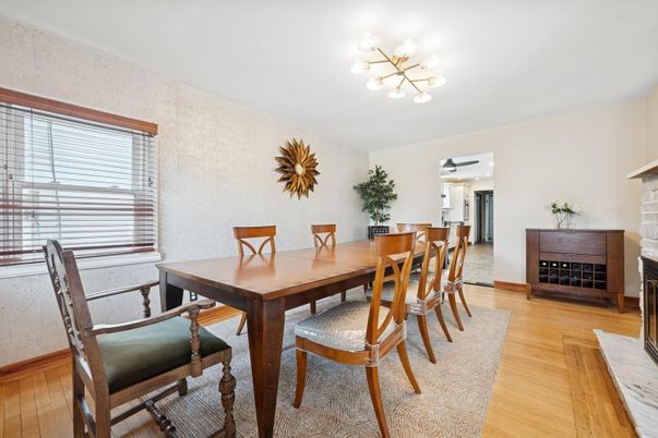 Dining room, Fireplace, Interior, Wood Texture Flooring