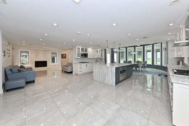 Dining room, Fireplace, Interior, Kitchen, Living room, Pendant Lights, Recessed Lighting, Stainless Steel Appliances