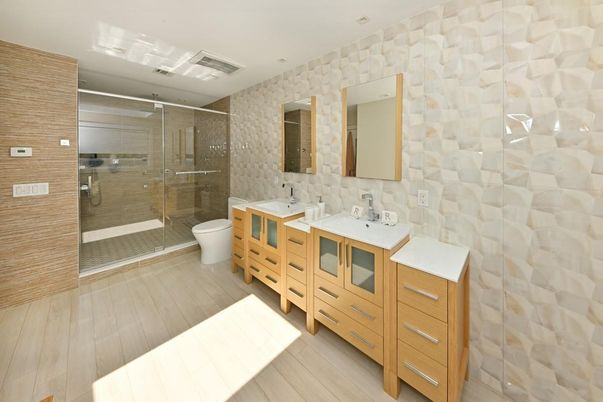 Bathroom, Dual Sink Vanities, Glass Shower, Interior, Recessed Lighting, Wood Texture Flooring