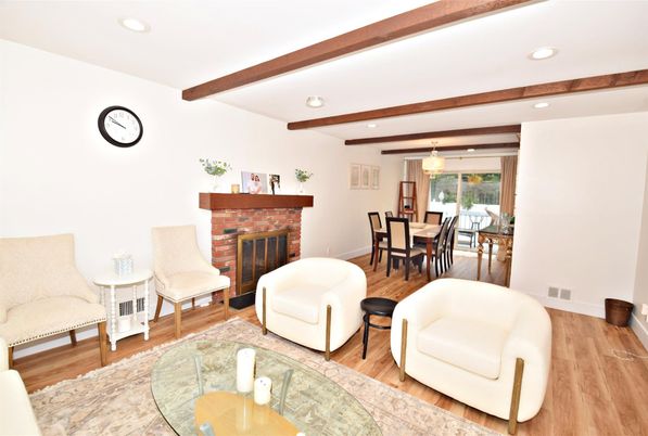 Dining room, Fireplace, Interior, Living room, Pendant Lights, Recessed Lighting, Wooden Beams, Wood Texture Flooring