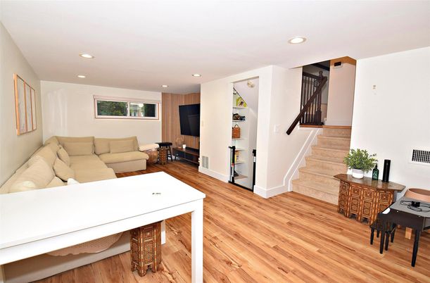 Dining room, Interior, Living room, Recessed Lighting, Wood Texture Flooring