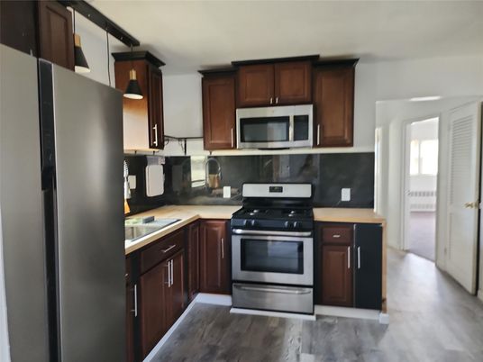 Interior, Kitchen, Pendant Lights, Stainless Steel Appliances, Wood Texture Flooring