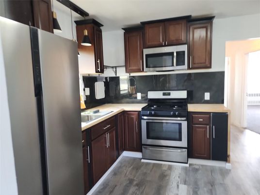 Interior, Kitchen, Pendant Lights, Stainless Steel Appliances, Wood Texture Flooring