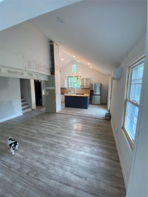 Empty room, Interior, Kitchen, Recessed Lighting, Wood Texture Flooring