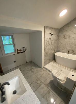 Bathroom, Free Standing Baths, Interior, Marble, Marble Walls, Recessed Lighting