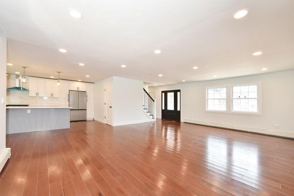 Empty room, Interior, Kitchen, Pendant Lights, Recessed Lighting, Wood Texture Flooring